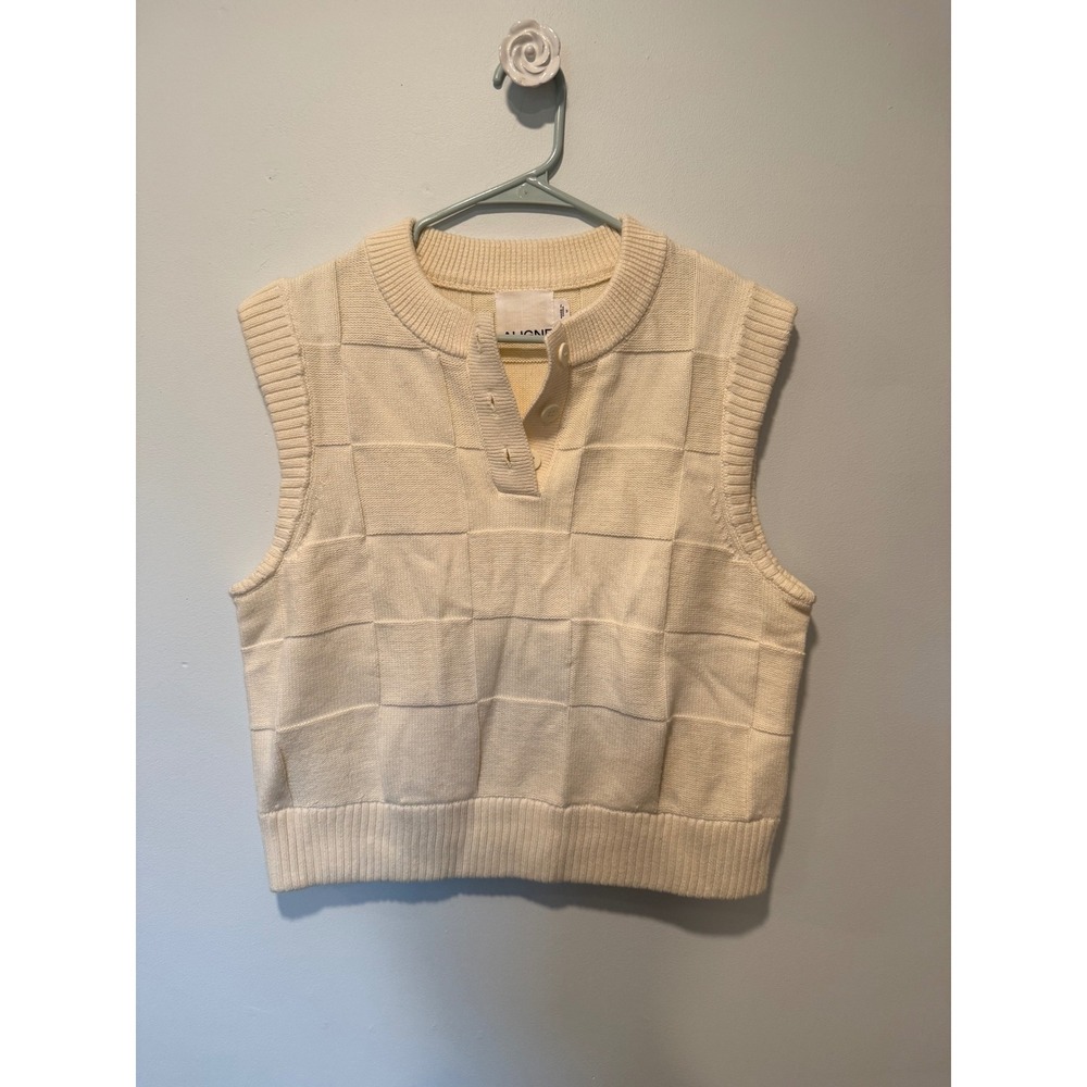 Aligne LB Arbor Ecru Organic Cotton Checkerboard Henley Sweater Vest Cream M